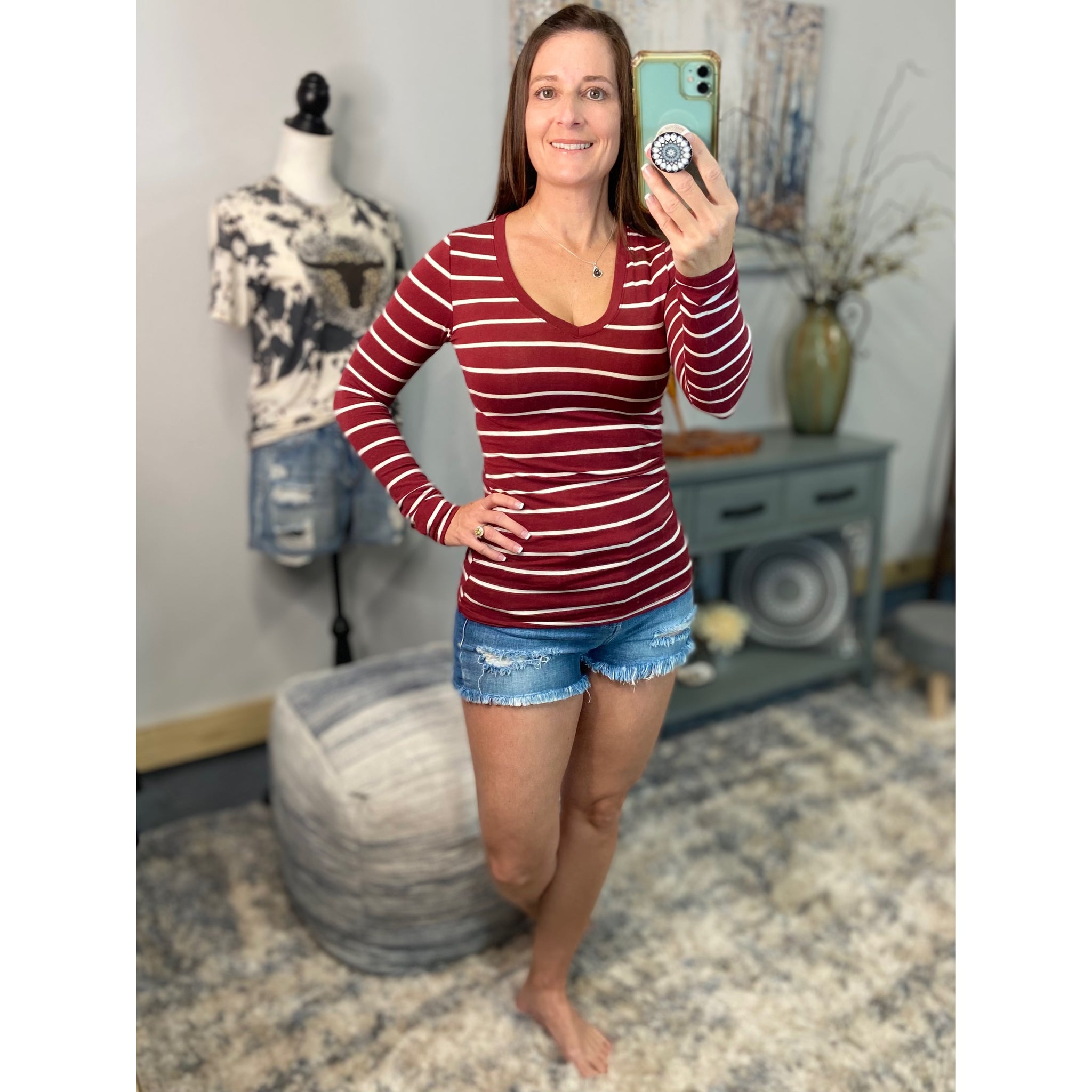 "Follow Me" Nautical Striped Preppy Stretch V-Neck Low Cut L/S Shirt Burgundy White S/M/L