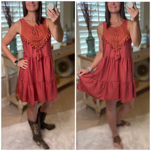 “Take a Bow” Crochet Boho Tiered V-Neck Tassel Tank Babydoll Chic Cowgirl Dress Rust