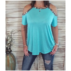 Very Sexy Leopard Trim Cold Shoulder Cutout Dolman Drape Top Mint S/M/L