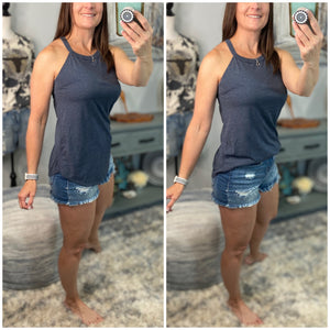 Tri Rocker Racerback Scoop Neck Floaty Trendy Tank Top Navy Blue S/M/L/XL