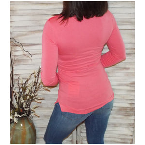 Very Sexy Deep V Neck Plunge Cleavage Military Henley Pocket Top Coral S/M/L