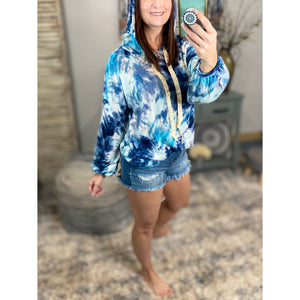 “Free Bird” Tie Dye Crew Neck Waffle Drawstring Light Long Sleeve Hoodie Blue