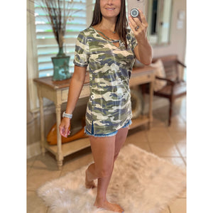 "March to a Different Drum" Distressed Camouflage Criss Cross Cutout Front Short Sleeve Green S/M/L