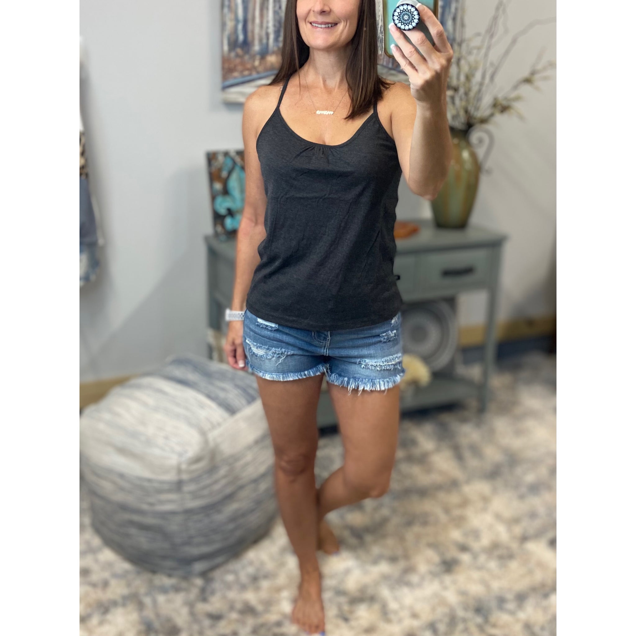 “Can’t Get Away” Low Cut Scoop Neck Mesh Racerback Shirred Tissue Tank Shirt Top Gray S/M/L
