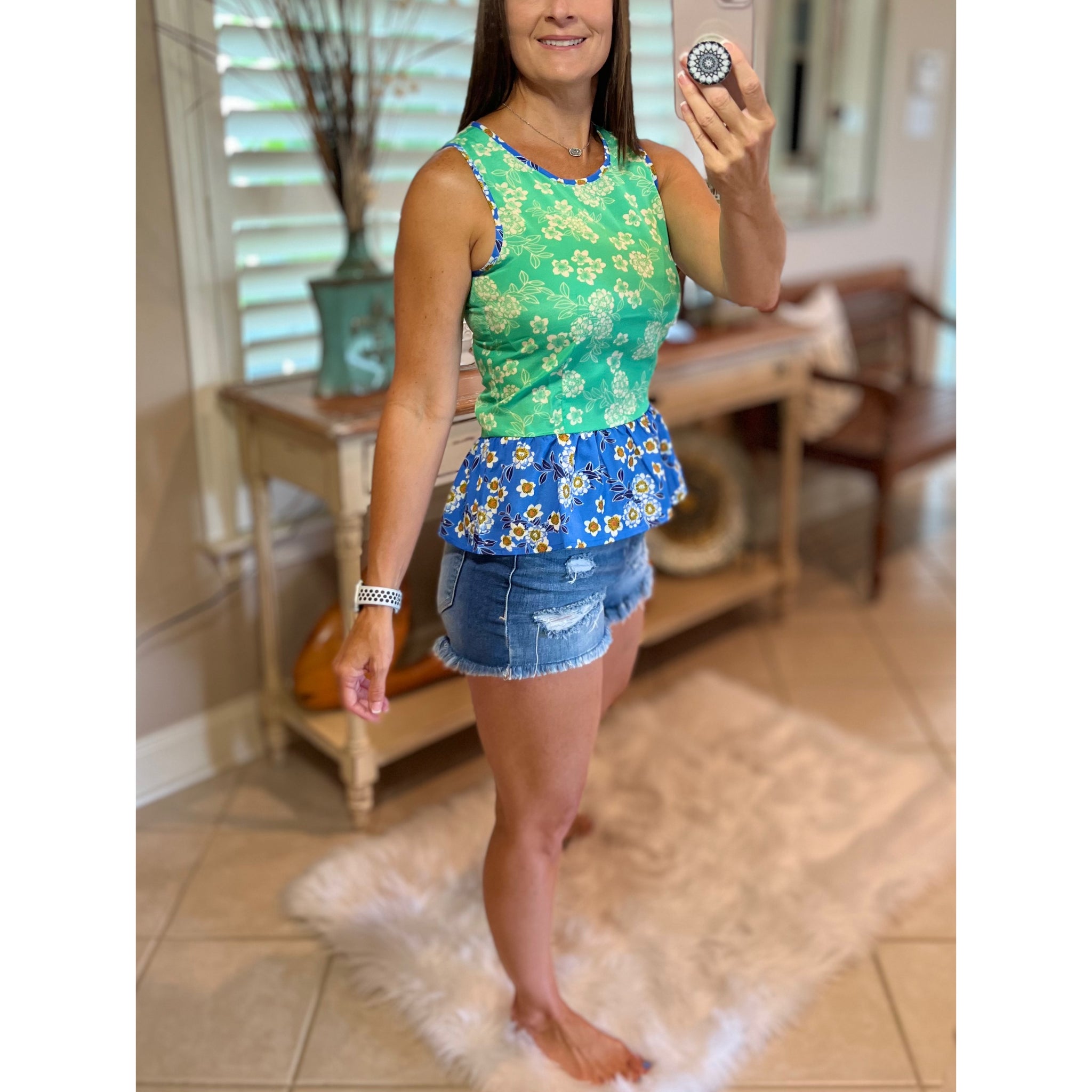 Floral Peplum V-Neck Sleeveless Ruched Babydoll Top Blue Green S/M/L