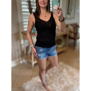 “Spring Fling” Sexy Low Double V Neck Back Sleeveless Dressy Knit Sweater Tank Black