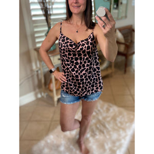"I Can See For Miles" Drape Cowl Neck Sleeveless Cami Giraffe Animal Top Black Pink S/M/L