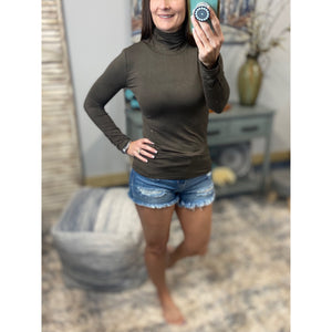 "Coming Out of My Shell" Mock Turtle High Ruched Neck Long Sleeve Soft Stretchy Dark Olive S/M/L/XL