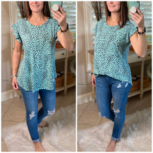 “I’ve Come a Long Way” Leopard Short Flutter Sleeve Round Neck Bottom Top Mint Black