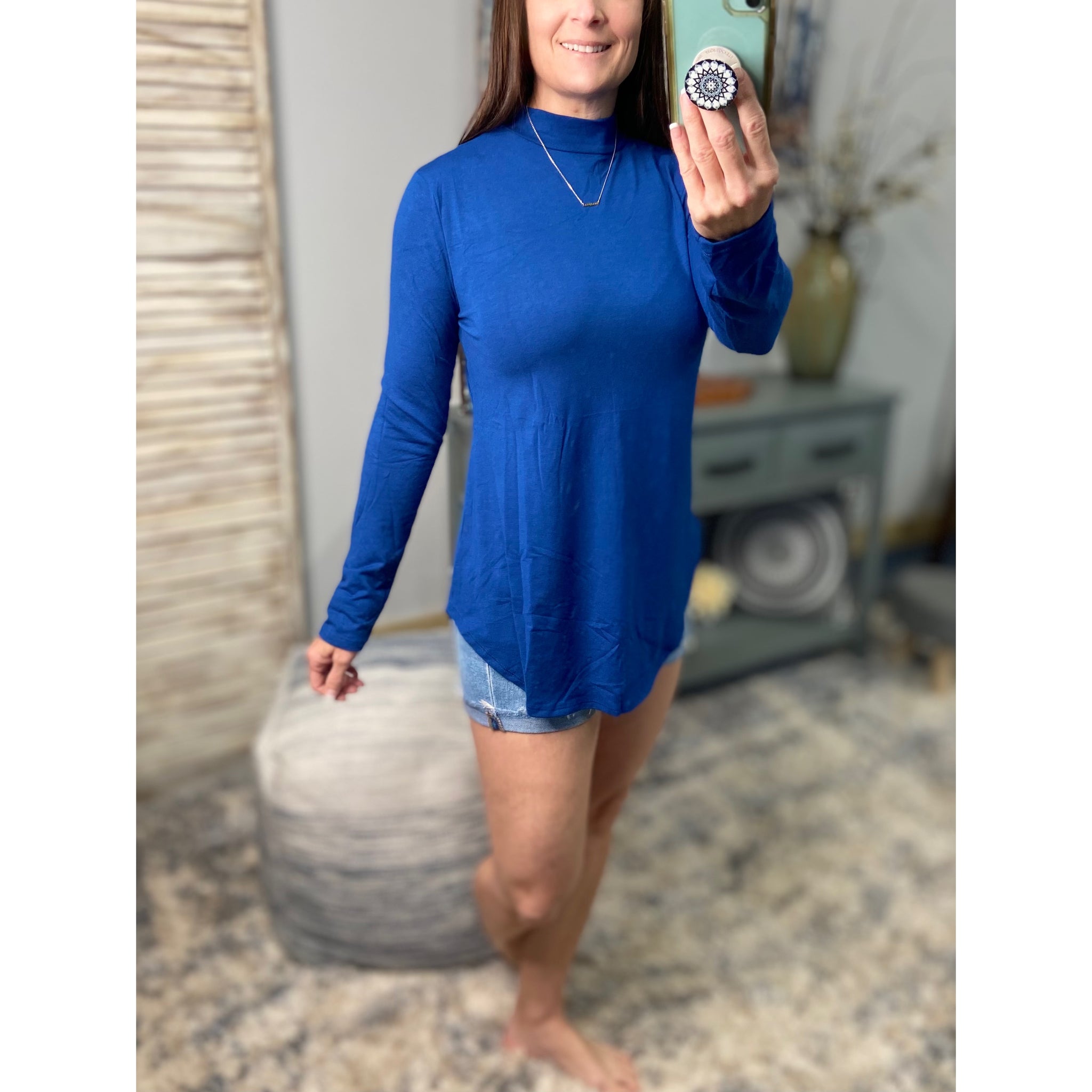 "The Rock" Mock Turtle High Neck Floaty Long Sleeve Soft Stretchy Blue