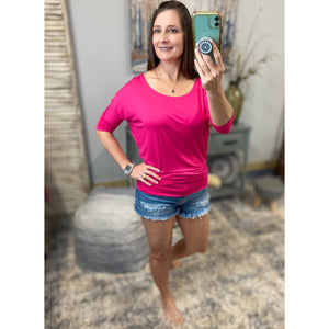 Dolman Wide Scoop Open Boat Neck Batwing Blouse Top Shirt Pink S/M/L