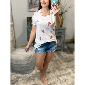 "All American Girl" Stars and Stripes 4th of July Star Print V-Neck Red White Blue S/M/L/XL