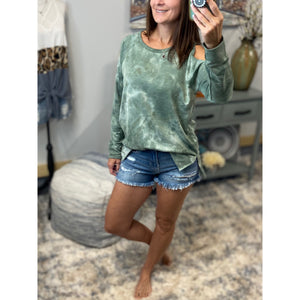 “Never Better” Tie Dye French Terry Cold Shoulder Long Sleeve Round Neck Split Side Top Green