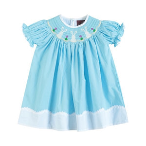 Smocked Easter Bunny Bishop Floral Embroidery Blue Dress