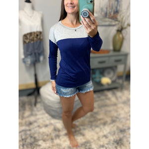 “Never Been Better” Crew Neck Color Block Contrast Tee Shirt Navy Gray S/M/L