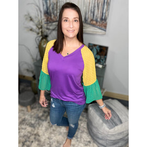 "Beads or Bust" Mardi Gras Color Block Swiss Dot Flutter Bell Sleeves V Neck Tie Bottom Shirt Purple Green & Gold