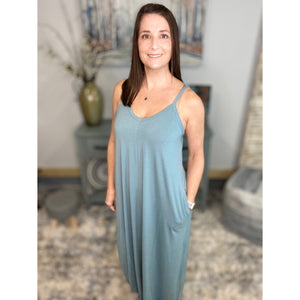 “Just A Little Bit Longer” V-Neck Cami Tank Maxi Long Tube Pocket Dress Blue S/M/L/XL