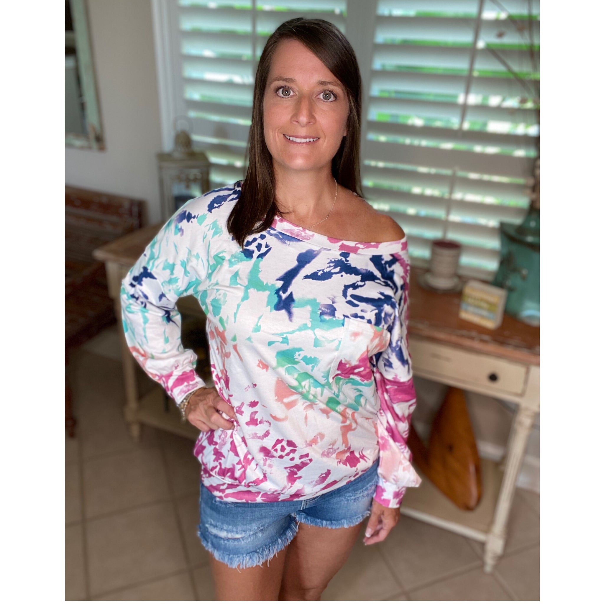 “Wild About You” Multi Tie Dye Wide Rounded Neck Off Shoulder Banded Long Sleeve Top Rose