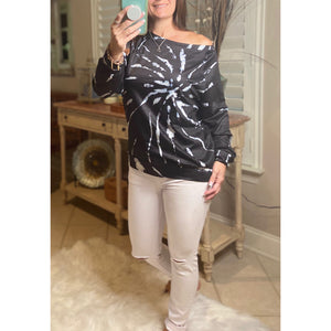 “Spiraling Out of Control” Tie Dye Spiral Off Shoulder Boat Neck Banded Bottom Sweatshirt Black