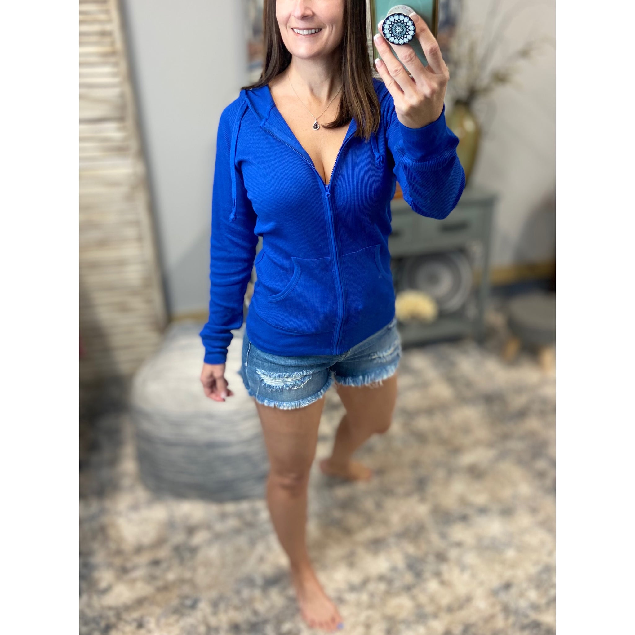"Get Cozy" Zip Up Waffle Thermal Hoodie Light Jacket Long Sleeve Yoga Royal Blue