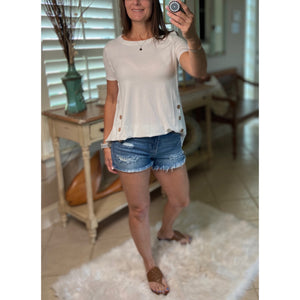 "I Gotta Feeling" Round Neck Floaty Tunic Short Sleeve Wood Button Detail Ivory S/M/L/XL