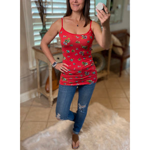 Low Cut Cleavage Country Floral Summer Layering Tank Cami Top Red S/M/L