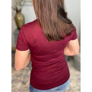 “Basic Babe” Low Cut V Neck Cleavage Boyfriend Baby Slimming Basic Tee Shirt Dark Burgundy