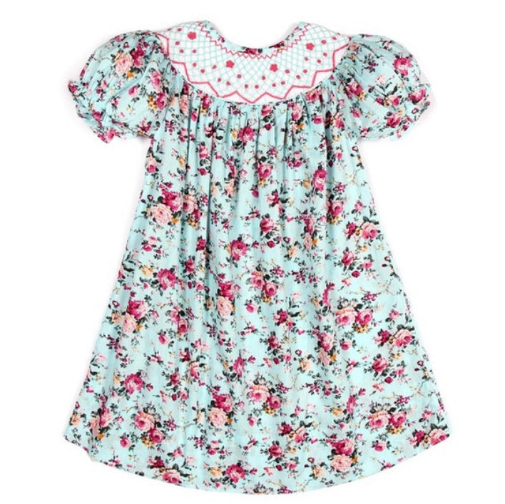 Floral Smocked Bishop Dress Embroidered Neckline