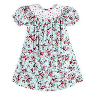 Floral Smocked Bishop Dress Embroidered Neckline