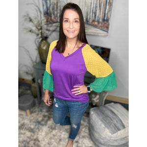 "Beads or Bust" Mardi Gras Color Block Swiss Dot Flutter Bell Sleeves V Neck Tie Bottom Shirt Purple Green & Gold