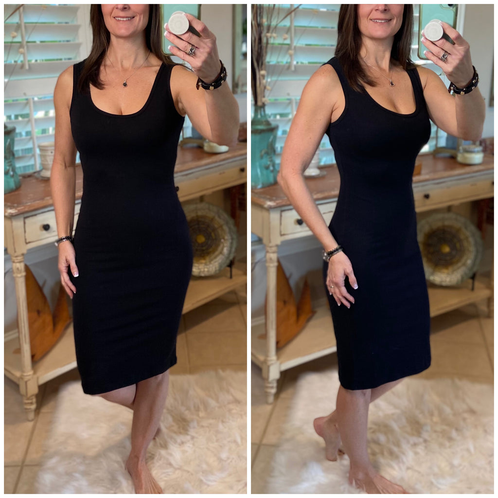 Scoop Neck Cleavage Bodycon Sleeveless Midi Summer Tank Dress Black