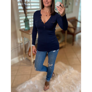 Very Sexy Deep V Neck Plunge Cleavage Military Henley Pocket Top Navy