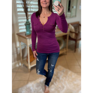 Sexy Deep V Neck Plunge Cleavage Military Henley Pocket Top Plum