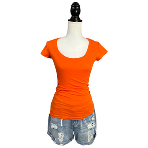 Low Cut Scoop Neck Cleavage Baby Slimming Basic Tee Shirt Orange S/M/L/XL
