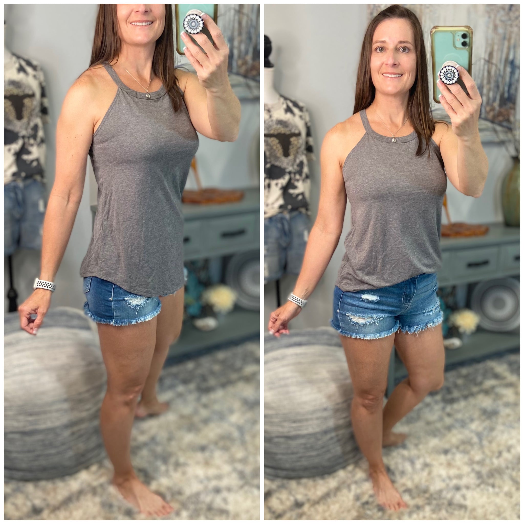 Tri Rocker Racerback Scoop Neck Floaty Trendy Summer Tank Top Light Gray