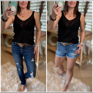 “Spring Fling” Sexy Low Double V Neck Back Sleeveless Dressy Knit Sweater Tank Black