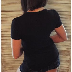 “Basic Babe” Low Cut Scoop Neck Cleavage Baby Slimming Basic Tee Shirt Black