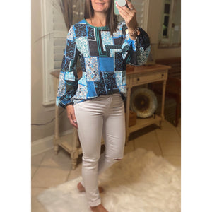 “I Have the Blues” Bohemian Floral Patchwork Print High Neck Boho Dressy Top Blue