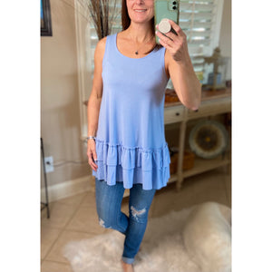 Ruffle Bottom Scoop Neck Sleeveless Floaty Tunic Tank Top Spring Blue