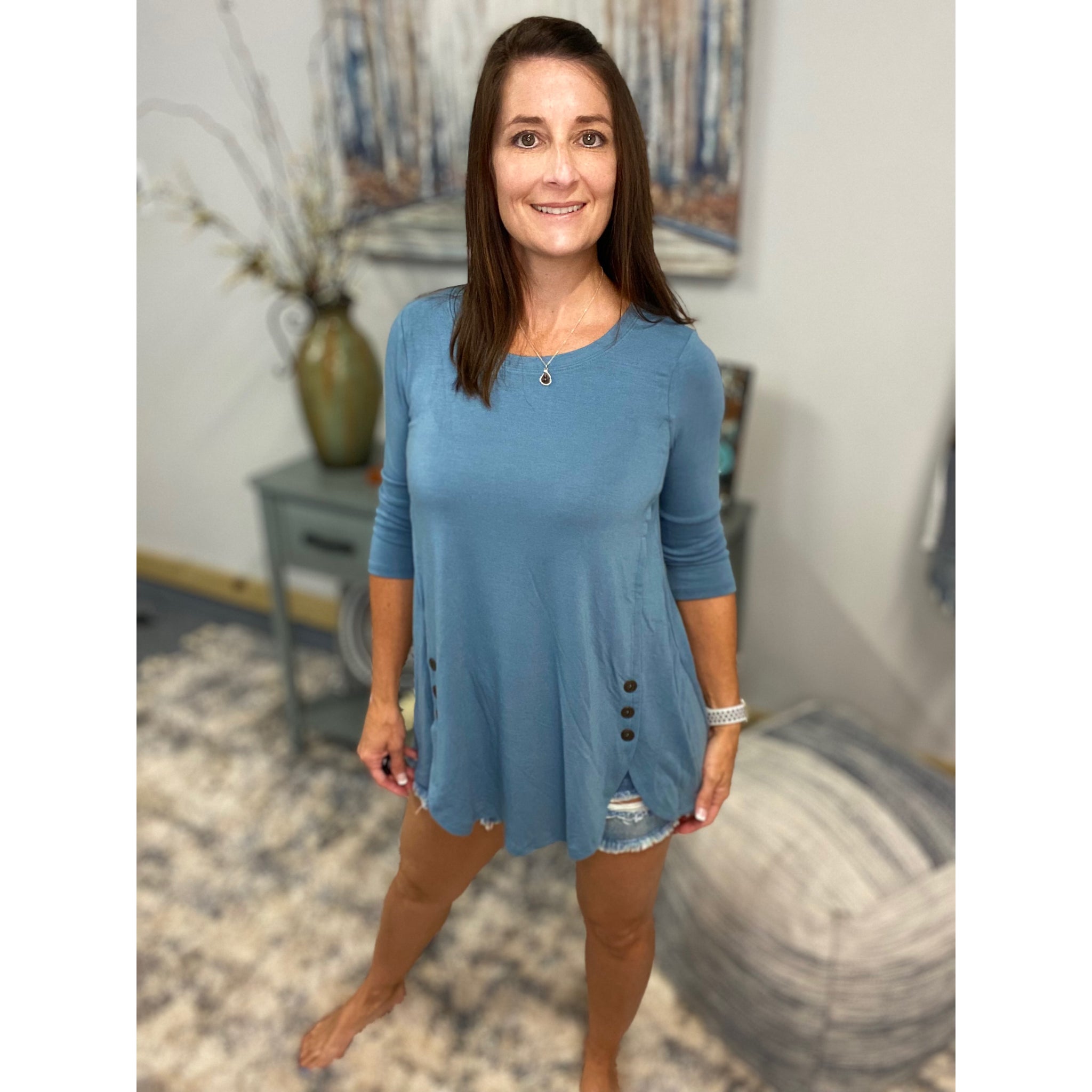 Round Neck Floaty Tunic 3/4 Sleeve With Wood Button Detail Blue S/M/L/XL