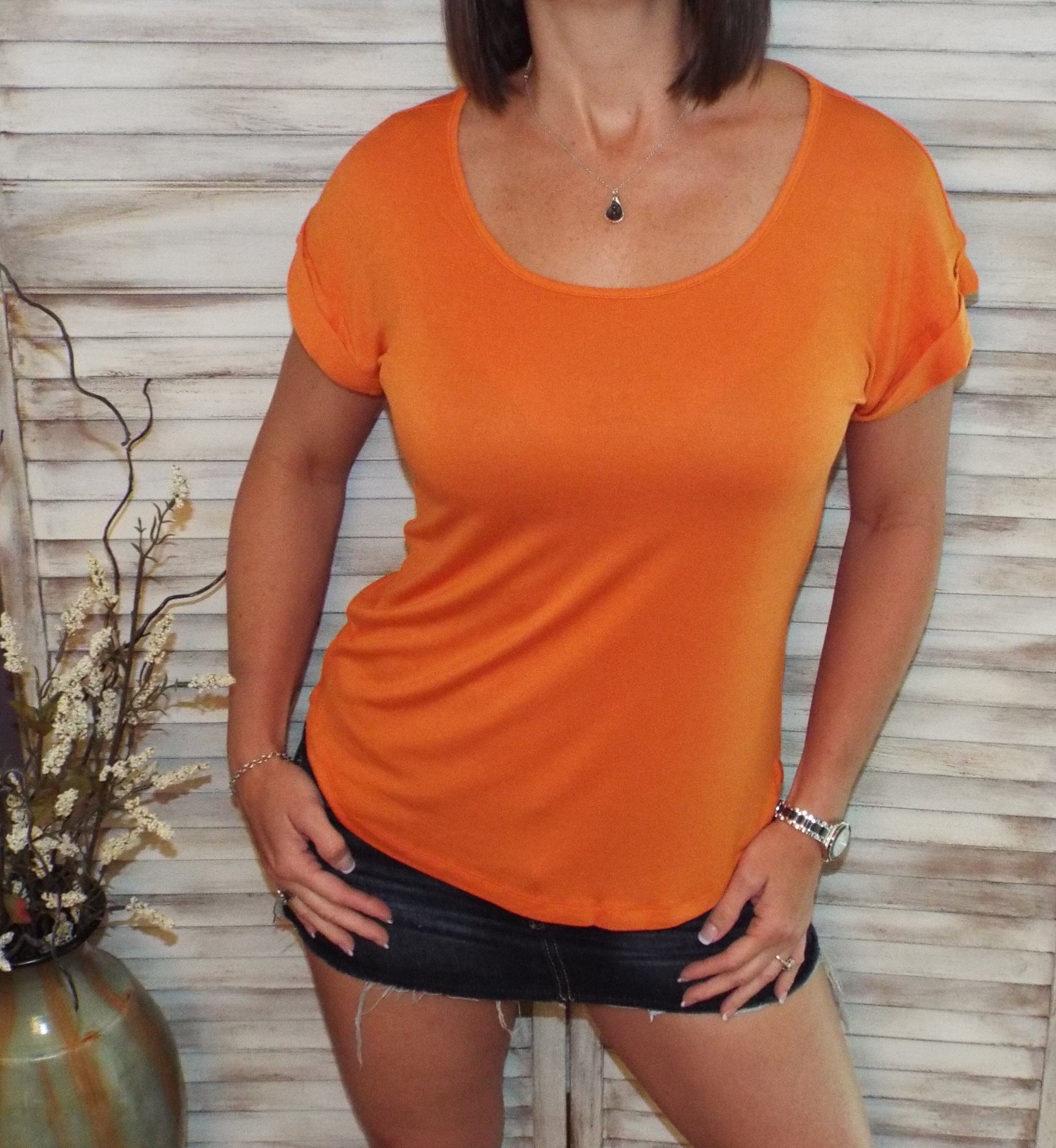 Sexy Scoop Neck Rolled Short Sleeve Shirt Lightweight Round Bottom Orange
