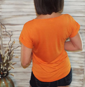 Sexy Scoop Neck Rolled Short Sleeve Shirt Lightweight Round Bottom Orange